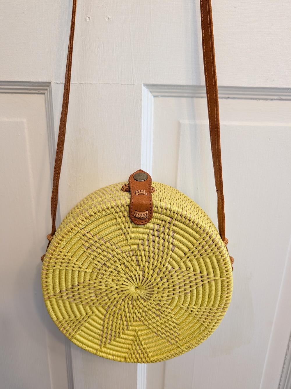 Street Level Yellow Round Woven Crossbody with Brown Strap